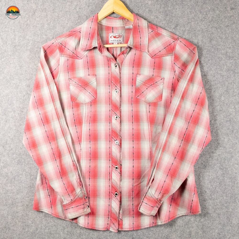 Roper Button-Up Shirt Red Gray Plaid Rhinestone Cowgirl Long Sleeve Women's XL